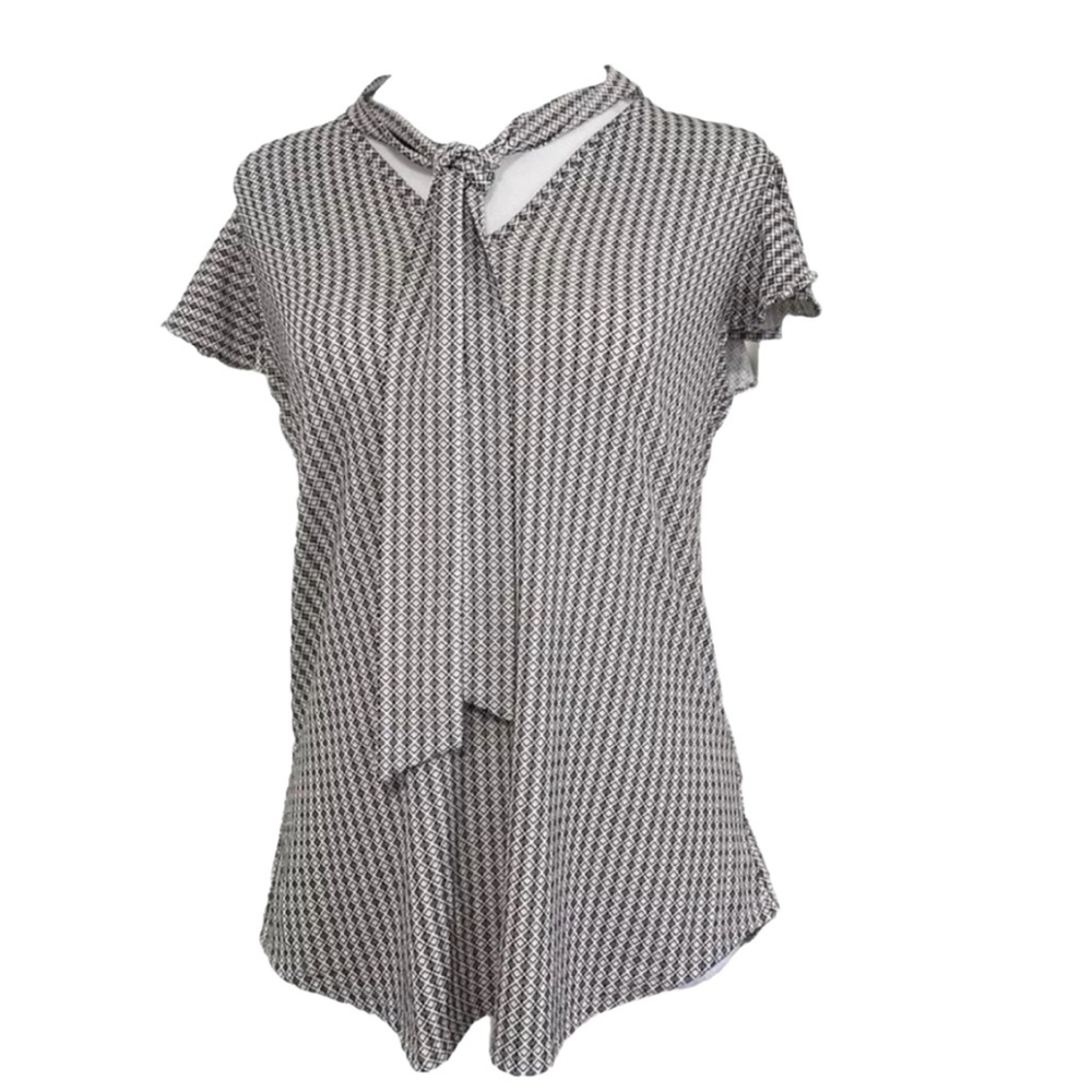 Adrianna Papell Tie Neck Blouse S Black Cream Geometric Flutter Sleeve NWT - Picture 4 of 14